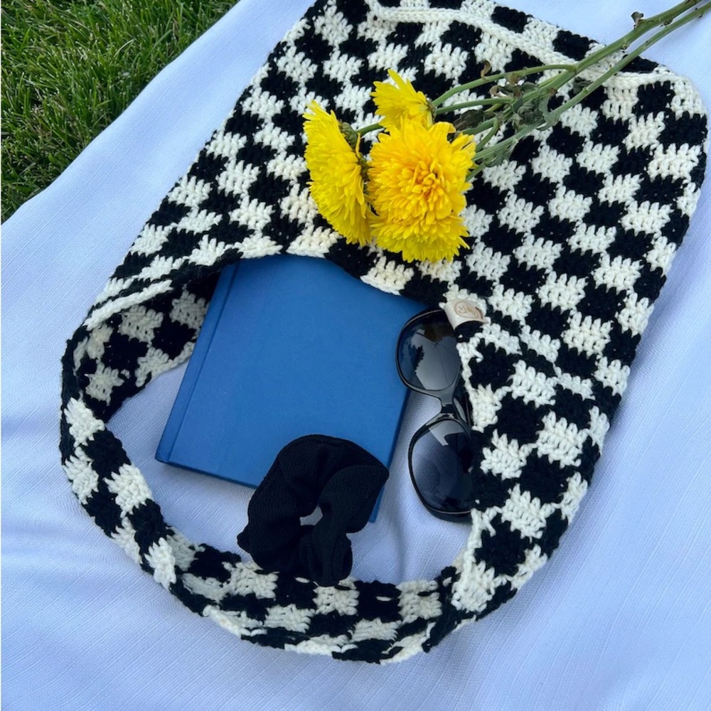 Black and Cream Knit Checkered Tote Bag